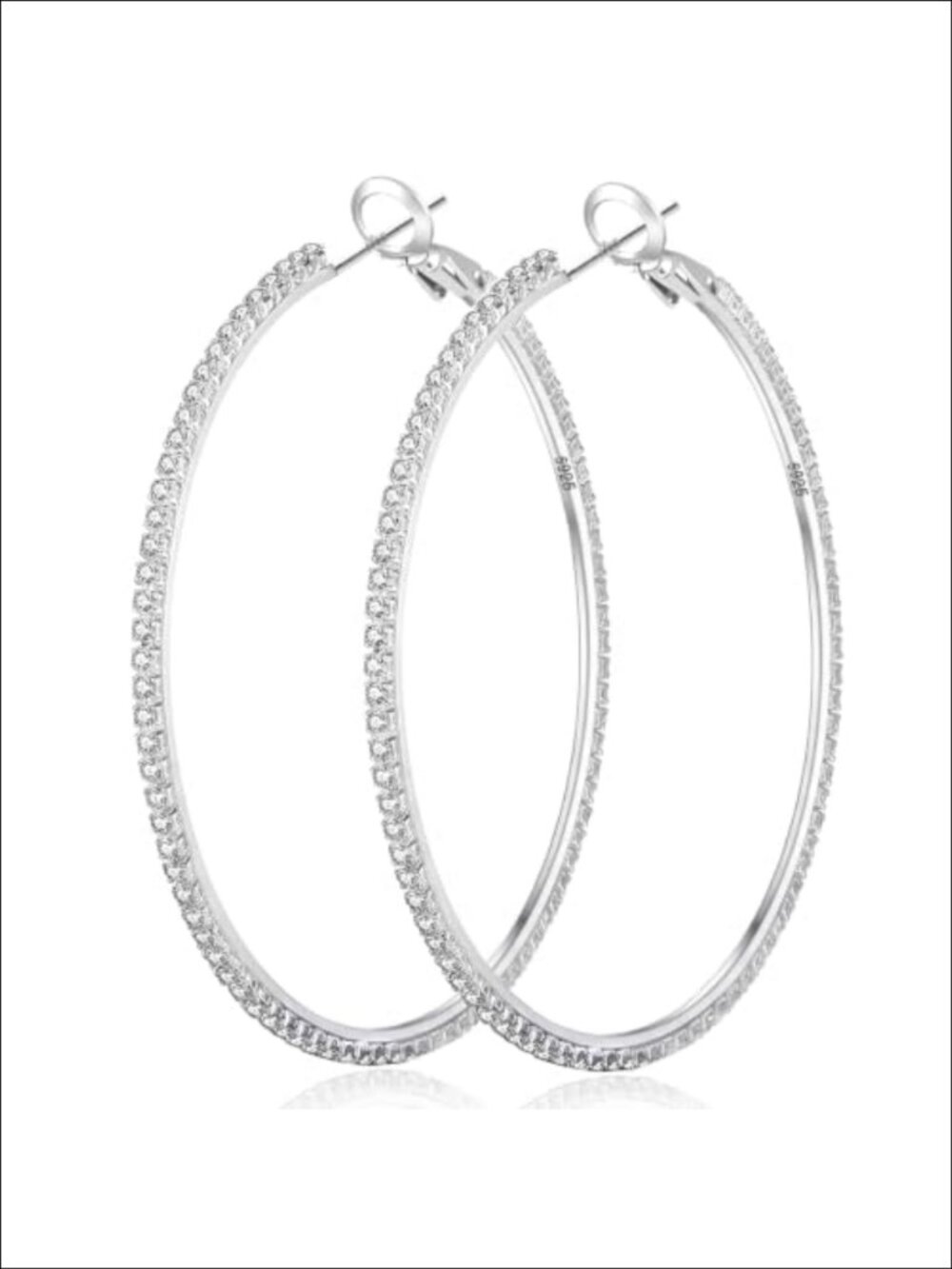Sterling Silver Hoop Earrings Large Rhinestone Thin 2mm CZ